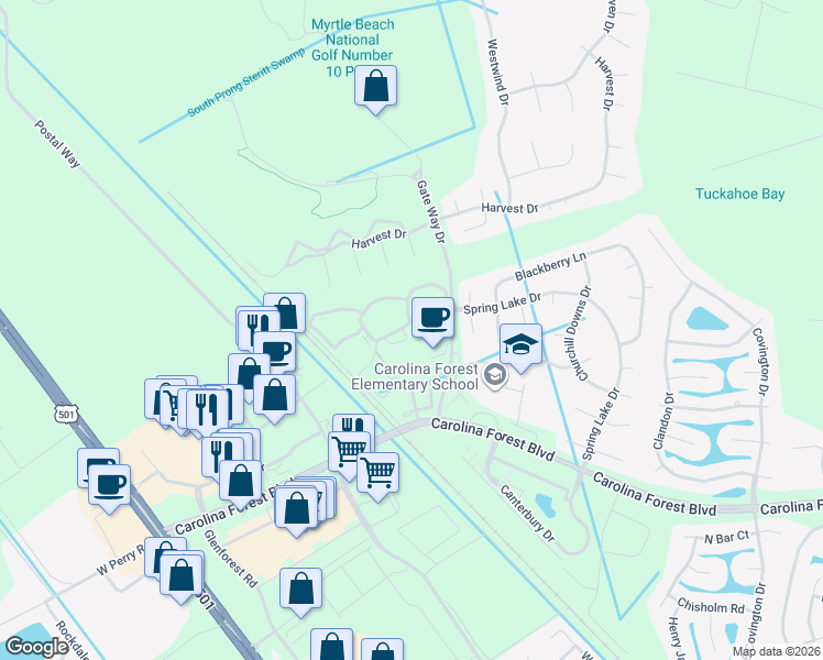 map of restaurants, bars, coffee shops, grocery stores, and more near 217 Wandering Way in Conway