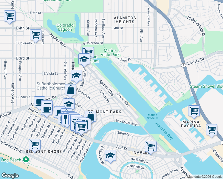 map of restaurants, bars, coffee shops, grocery stores, and more near 333 La Verne Avenue in Long Beach