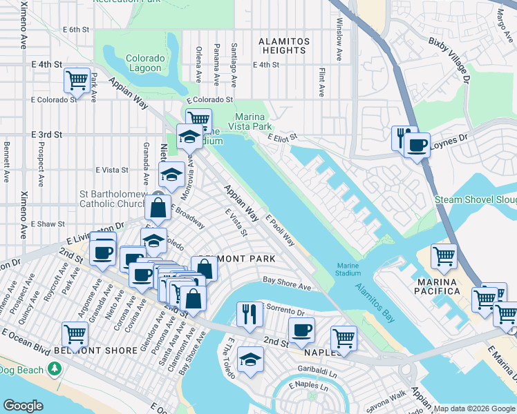 map of restaurants, bars, coffee shops, grocery stores, and more near 398 La Verne Avenue in Long Beach