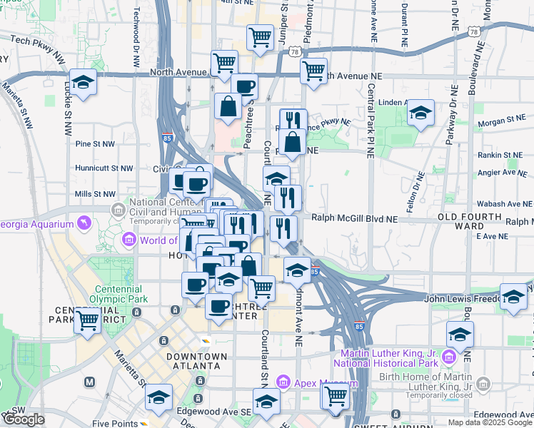 map of restaurants, bars, coffee shops, grocery stores, and more near Ralph McGill Blvd NE & Courtland St NE in Atlanta