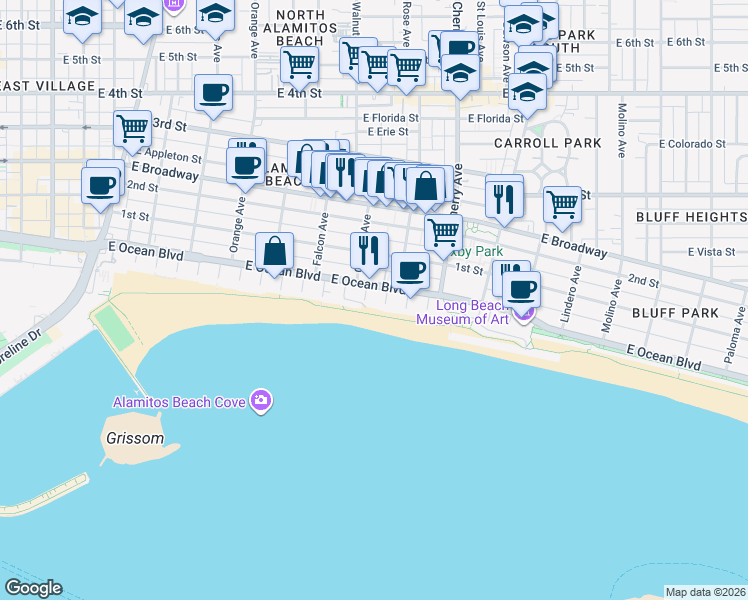 map of restaurants, bars, coffee shops, grocery stores, and more near in Long Beach