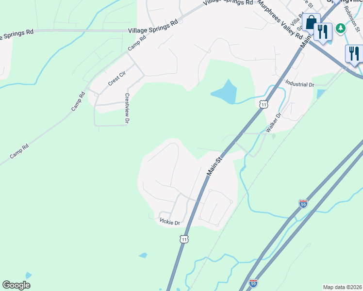 map of restaurants, bars, coffee shops, grocery stores, and more near 220 Pats Way in Springville