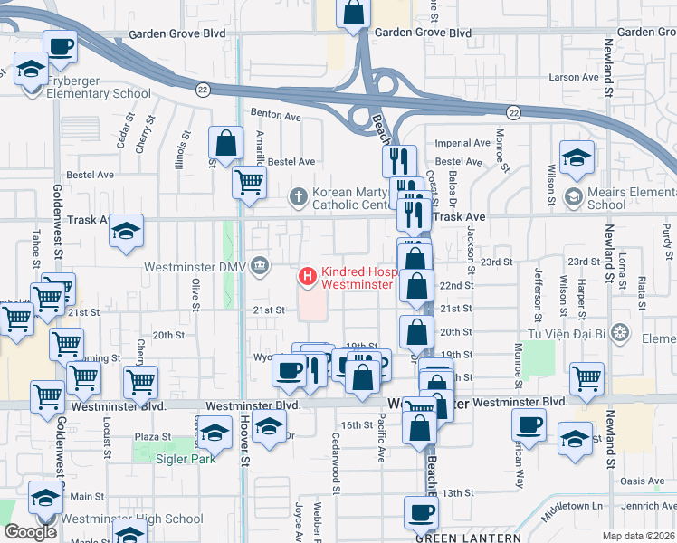 map of restaurants, bars, coffee shops, grocery stores, and more near 13631 Richardson Way in Westminster
