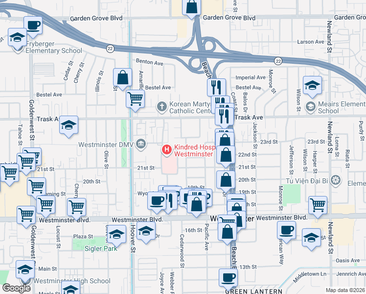 map of restaurants, bars, coffee shops, grocery stores, and more near 13631 Richardson Way in Westminster