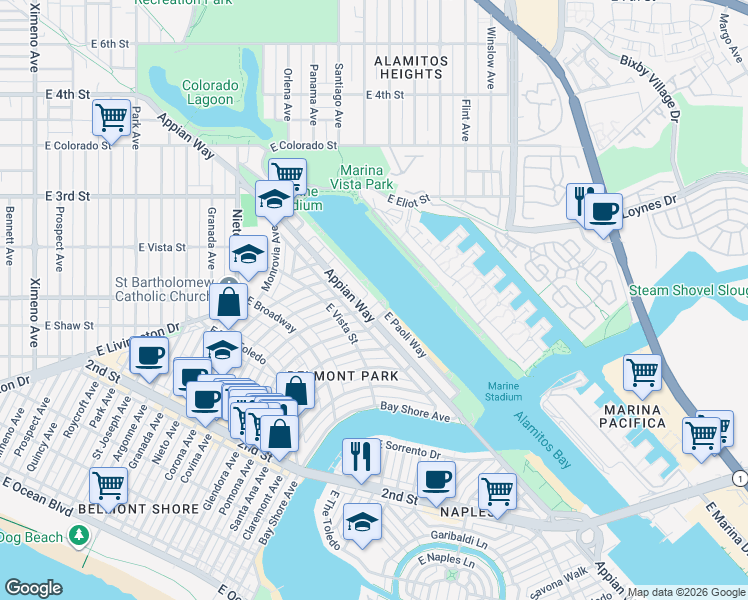 map of restaurants, bars, coffee shops, grocery stores, and more near 337 La Verne Avenue in Long Beach