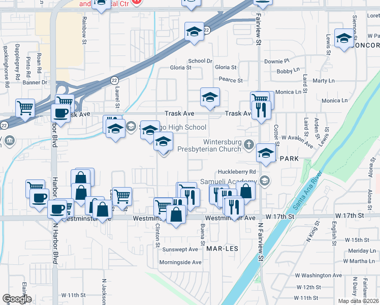 map of restaurants, bars, coffee shops, grocery stores, and more near 13686 Roxey Drive in Garden Grove