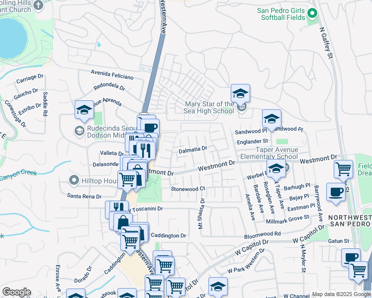 map of restaurants, bars, coffee shops, grocery stores, and more near 1615 Dalmatia Drive in Los Angeles