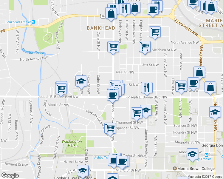 map of restaurants, bars, coffee shops, grocery stores, and more near 356 Joseph E Lowery Boulevard Northwest in Atlanta