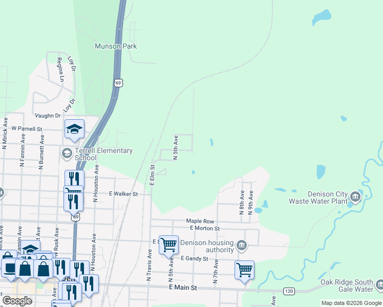 map of restaurants, bars, coffee shops, grocery stores, and more near 600 East Washington Street in Denison