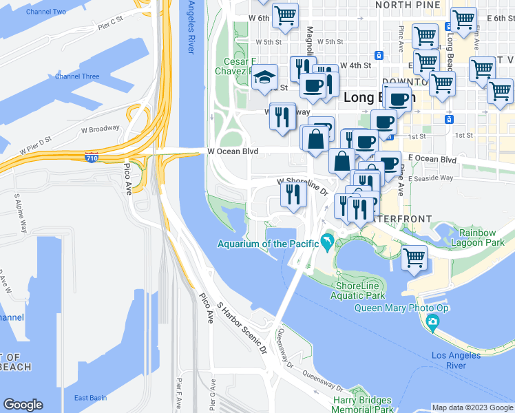 map of restaurants, bars, coffee shops, grocery stores, and more near 401 Golden Shore in Long Beach