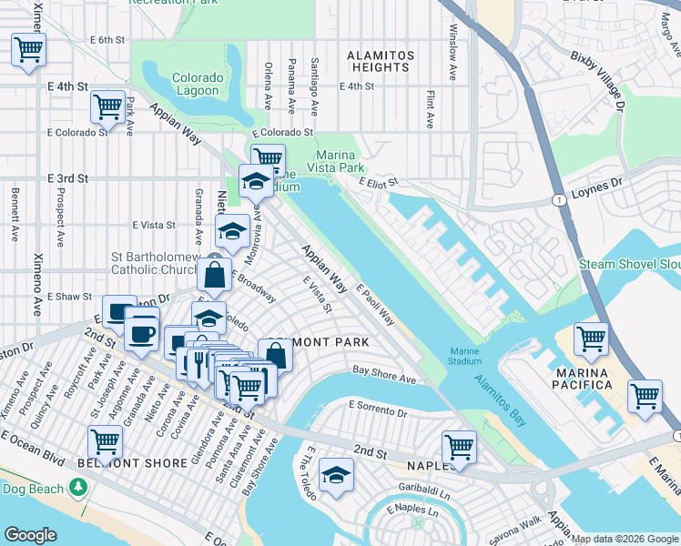 map of restaurants, bars, coffee shops, grocery stores, and more near 333 La Verne Avenue in Long Beach