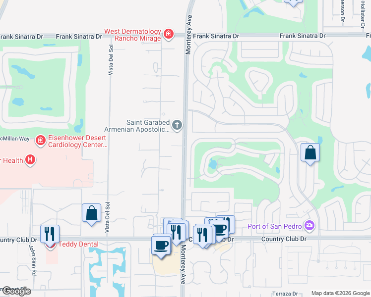 map of restaurants, bars, coffee shops, grocery stores, and more near Monterey Avenue in Palm Desert