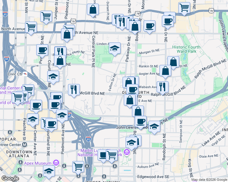 map of restaurants, bars, coffee shops, grocery stores, and more near 398 Angier Court Northeast in Atlanta