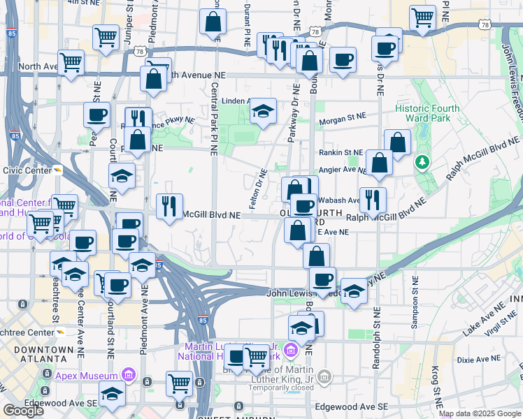 map of restaurants, bars, coffee shops, grocery stores, and more near 383 Angier Court Northeast in Atlanta