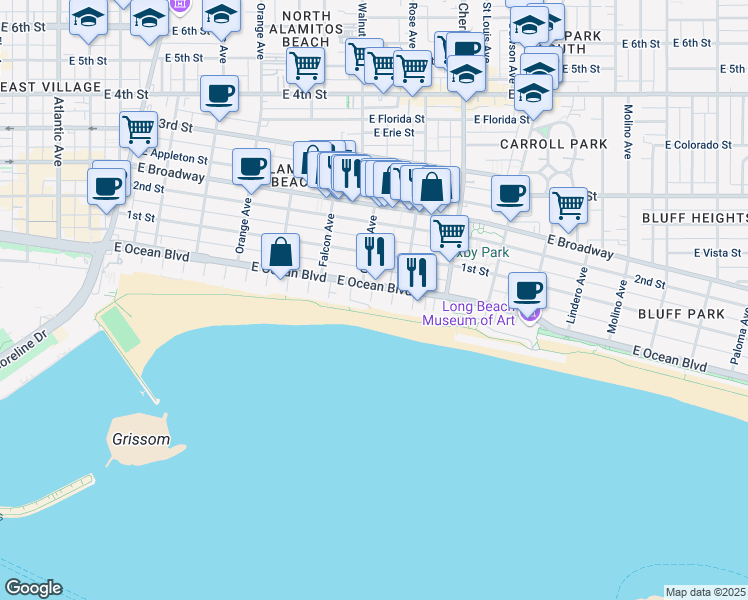 map of restaurants, bars, coffee shops, grocery stores, and more near 16 South 12th Place in Long Beach