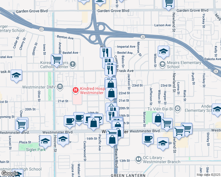 map of restaurants, bars, coffee shops, grocery stores, and more near 13611 Beach Boulevard in Westminster