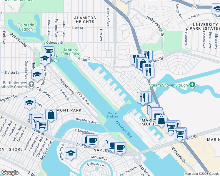 map of restaurants, bars, coffee shops, grocery stores, and more near 331 Parsons Landing in Long Beach