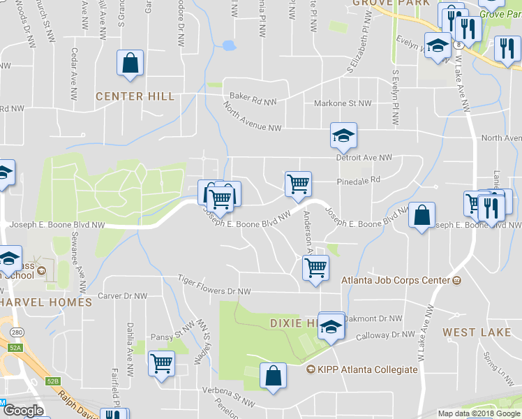 map of restaurants, bars, coffee shops, grocery stores, and more near 2040 Chicago Avenue Northwest in Atlanta