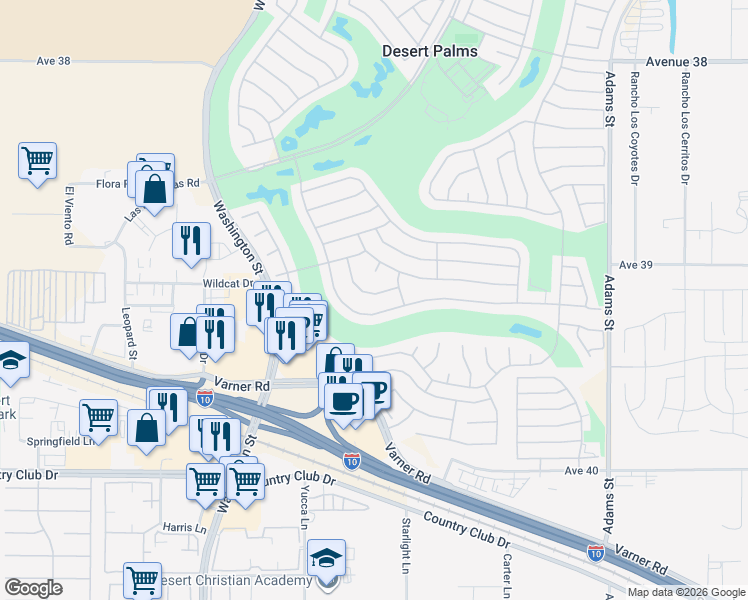 map of restaurants, bars, coffee shops, grocery stores, and more near 78443 Sterling Lane in Palm Desert