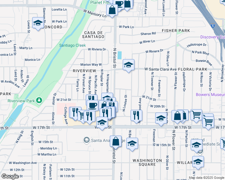 map of restaurants, bars, coffee shops, grocery stores, and more near 2128 North Bristol Street in Santa Ana
