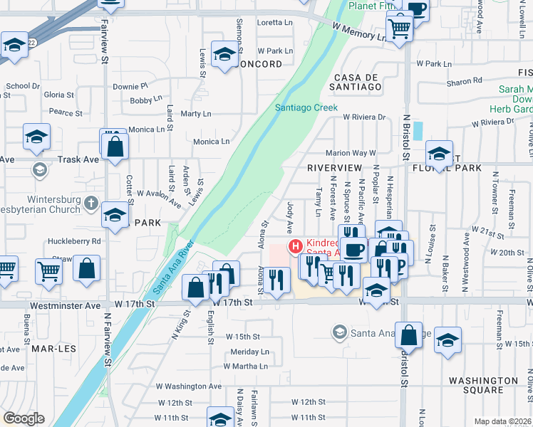 map of restaurants, bars, coffee shops, grocery stores, and more near 1800 West Santa Clara Avenue in Santa Ana