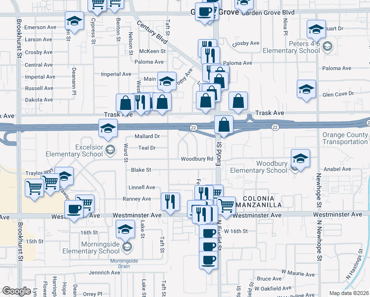 map of restaurants, bars, coffee shops, grocery stores, and more near 13622 Lombardy Road in Garden Grove
