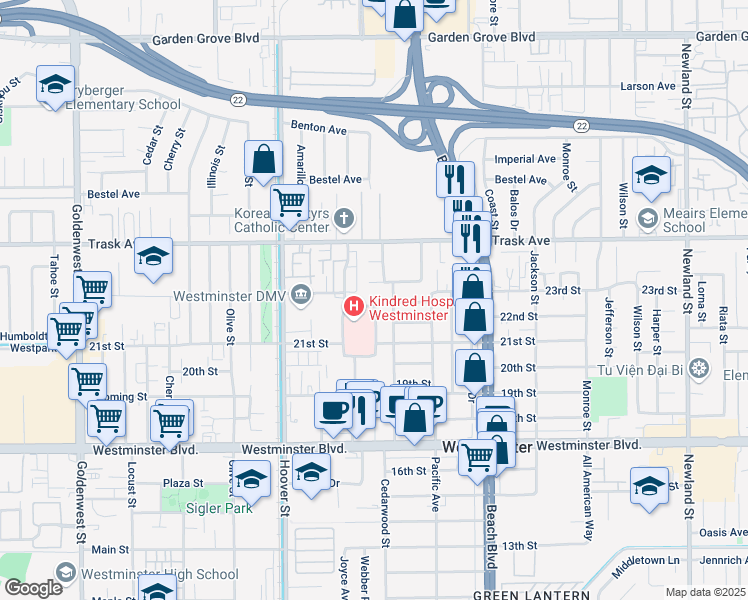 map of restaurants, bars, coffee shops, grocery stores, and more near 7712 24th Street in Westminster