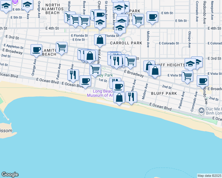 map of restaurants, bars, coffee shops, grocery stores, and more near 2128 East 1st Street in Long Beach