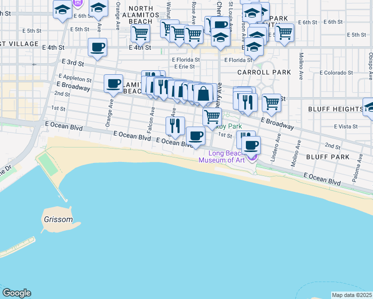 map of restaurants, bars, coffee shops, grocery stores, and more near in Long Beach