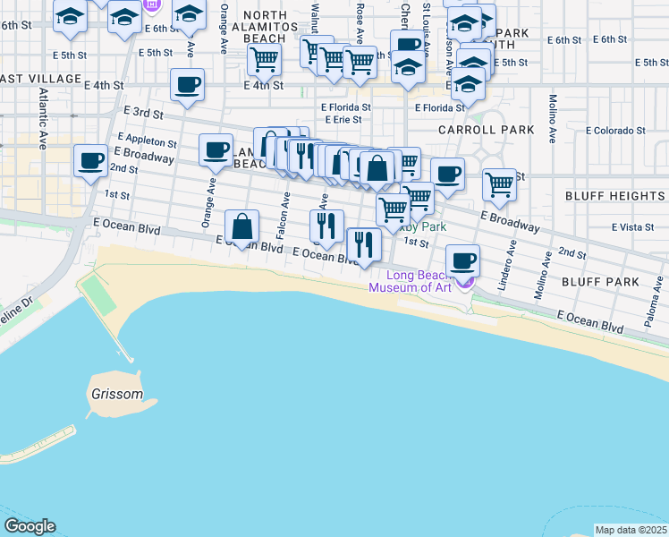 map of restaurants, bars, coffee shops, grocery stores, and more near 1719 East Ocean Boulevard in Long Beach