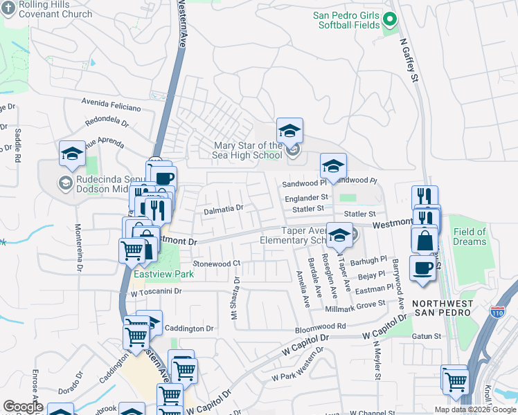 map of restaurants, bars, coffee shops, grocery stores, and more near 2094 Mount Shasta Drive in Los Angeles