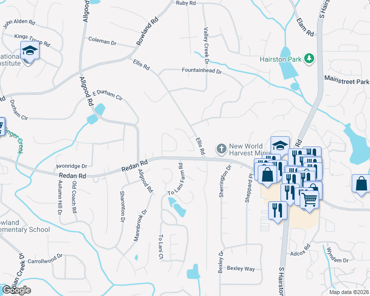 map of restaurants, bars, coffee shops, grocery stores, and more near 1069 Brandon Lane in Stone Mountain