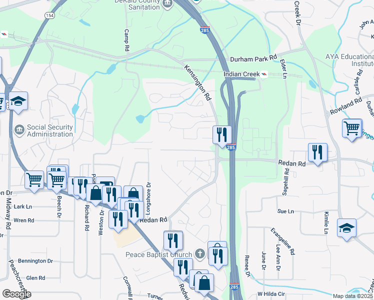 map of restaurants, bars, coffee shops, grocery stores, and more near 4098 Kenridge Parkway in Decatur