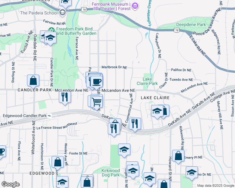 map of restaurants, bars, coffee shops, grocery stores, and more near 1758 McLendon Avenue Northeast in Atlanta
