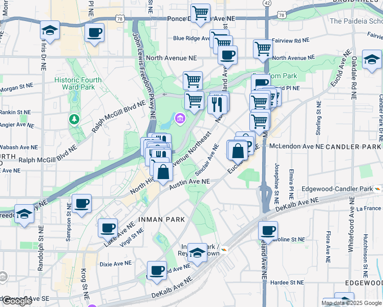map of restaurants, bars, coffee shops, grocery stores, and more near 397 North Highland Avenue Northeast in Atlanta