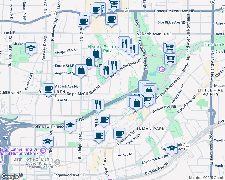 map of restaurants, bars, coffee shops, grocery stores, and more near 367 Ashley Avenue Northeast in Atlanta
