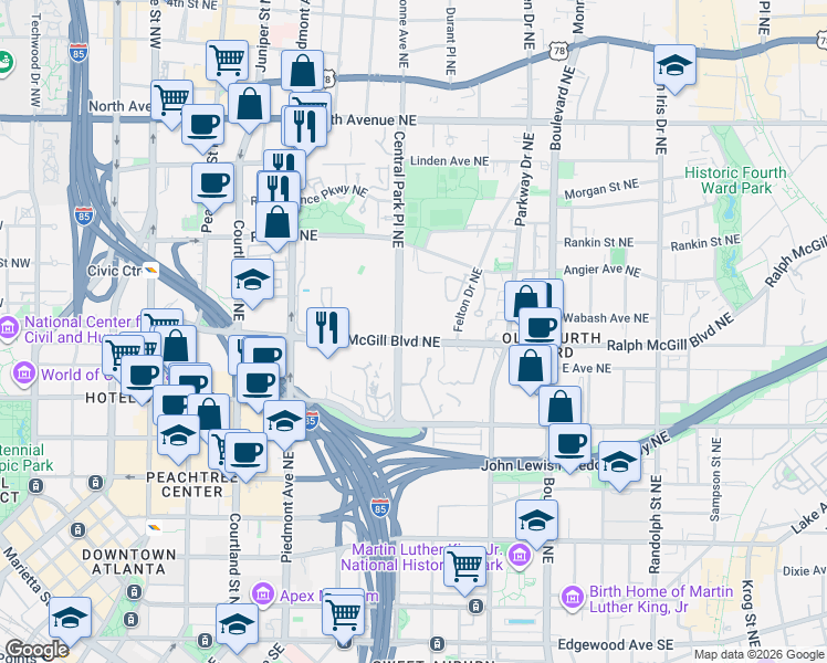 map of restaurants, bars, coffee shops, grocery stores, and more near 7209 Renaissance Way Northeast in Atlanta