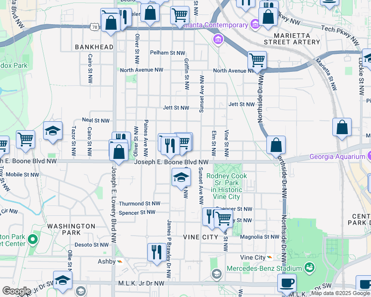 map of restaurants, bars, coffee shops, grocery stores, and more near 381 Griffin Street Northwest in Atlanta