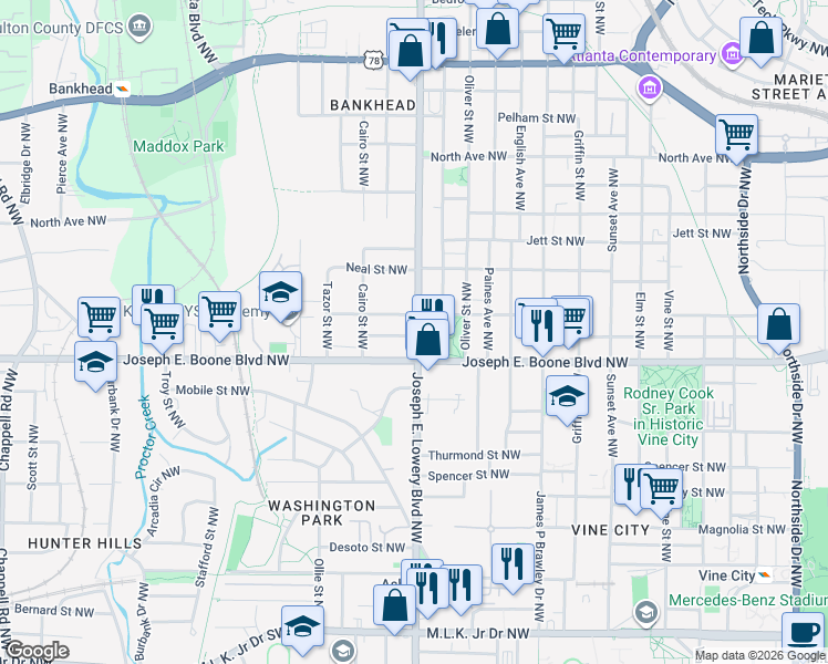 map of restaurants, bars, coffee shops, grocery stores, and more near 356 Joseph E. Lowery Boulevard Northwest in Atlanta