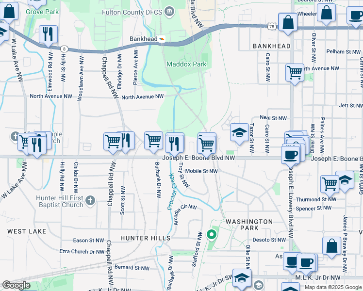 map of restaurants, bars, coffee shops, grocery stores, and more near 1211 Simpson Rd NW in Atlanta