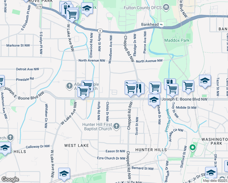 map of restaurants, bars, coffee shops, grocery stores, and more near 1410 Conway Place Northwest in Atlanta