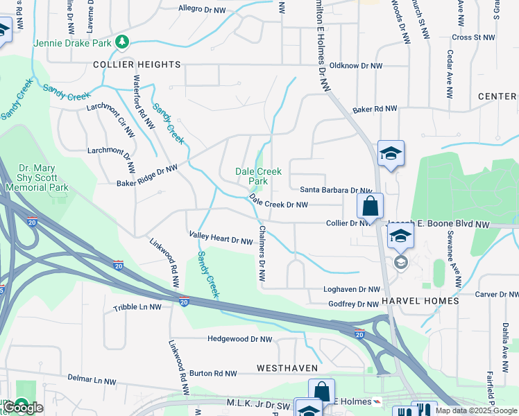 map of restaurants, bars, coffee shops, grocery stores, and more near 2740 Dale Creek Drive Northwest in Atlanta
