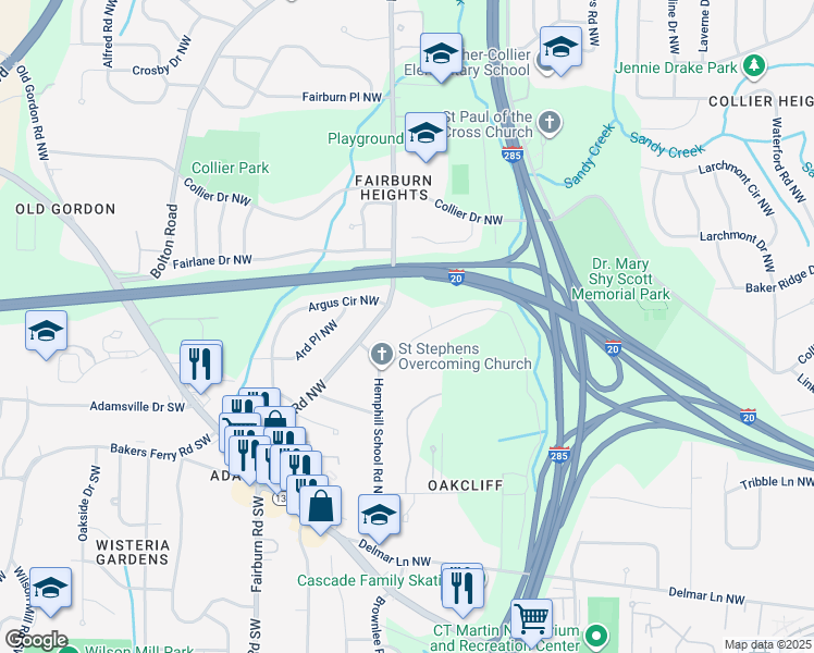 map of restaurants, bars, coffee shops, grocery stores, and more near 3395 Lake Valley Road Northwest in Atlanta