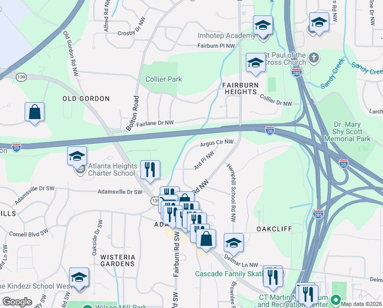 map of restaurants, bars, coffee shops, grocery stores, and more near 352 Argus Circle Northwest in Atlanta