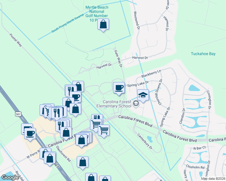 map of restaurants, bars, coffee shops, grocery stores, and more near 113 Ashley Park Drive in Myrtle Beach