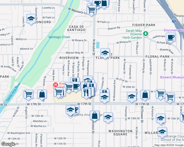 map of restaurants, bars, coffee shops, grocery stores, and more near 2128 North Bristol Street in Santa Ana