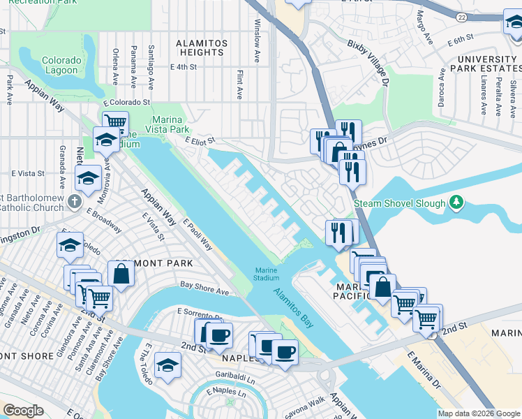 map of restaurants, bars, coffee shops, grocery stores, and more near 331 Parsons Landing in Long Beach