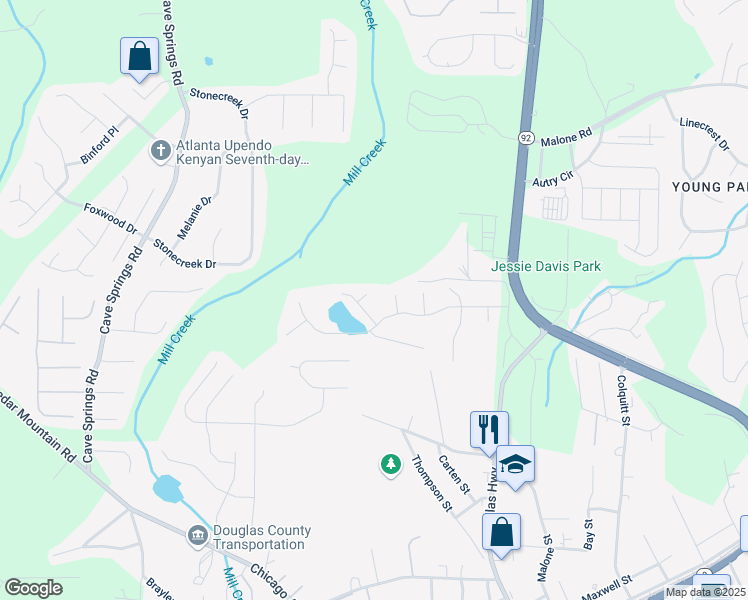 map of restaurants, bars, coffee shops, grocery stores, and more near 7865 Lake Terrace in Douglasville