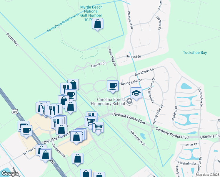 map of restaurants, bars, coffee shops, grocery stores, and more near 109 Ashley Park Drive in Myrtle Beach