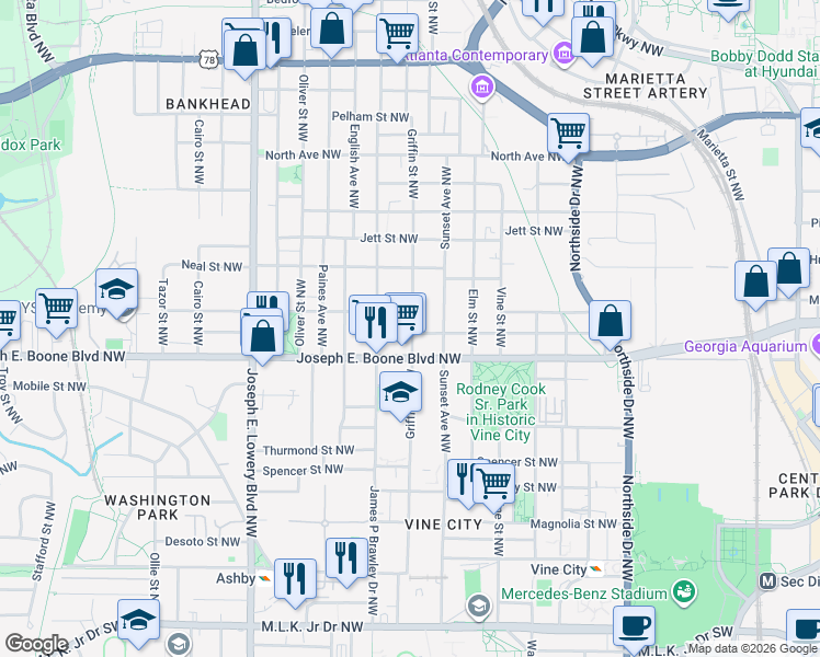map of restaurants, bars, coffee shops, grocery stores, and more near 729 Jones Avenue Northwest in Atlanta